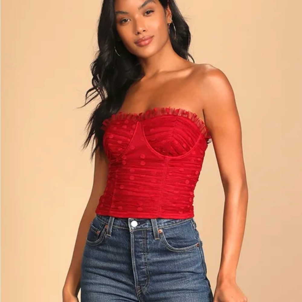 Lulus In the Spotlight Red Polka Dot Mesh Bustier Crop Top